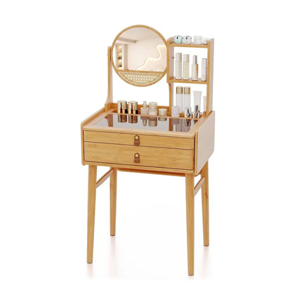 Small Vanity Desk 23.5 Inch Compact Makeup Table with Mirror-Natural - Natural - Makeup Vanities