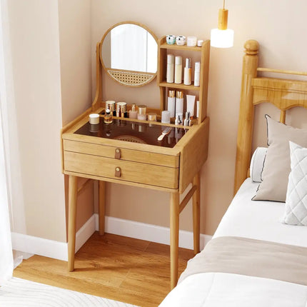 Small Vanity Desk 23.5 Inch Compact Makeup Table with Mirror-Natural - Natural - Makeup Vanities