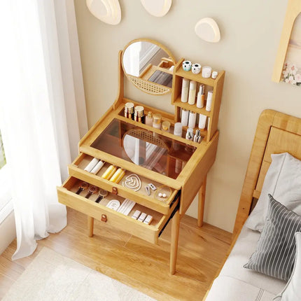 Small Vanity Desk and Stool Set with Mirror and 2 Drawers - Natural - Makeup Vanities