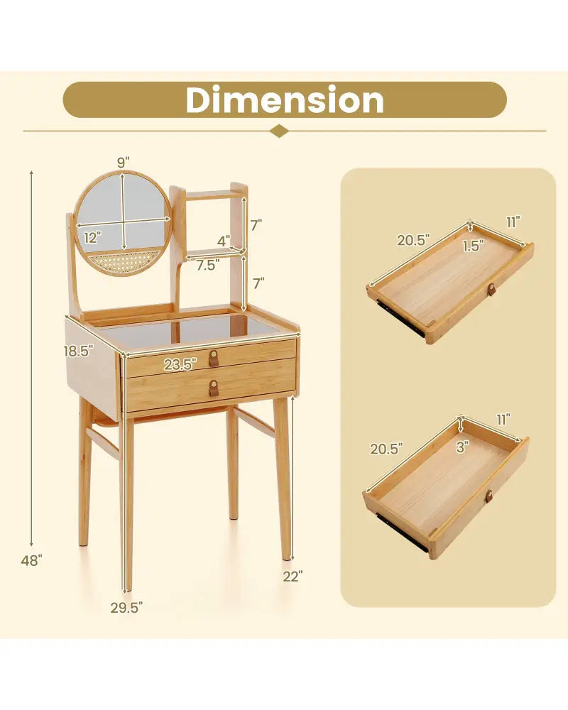 Small Vanity Desk and Stool Set with Mirror and 2 Drawers - Natural - Makeup Vanities