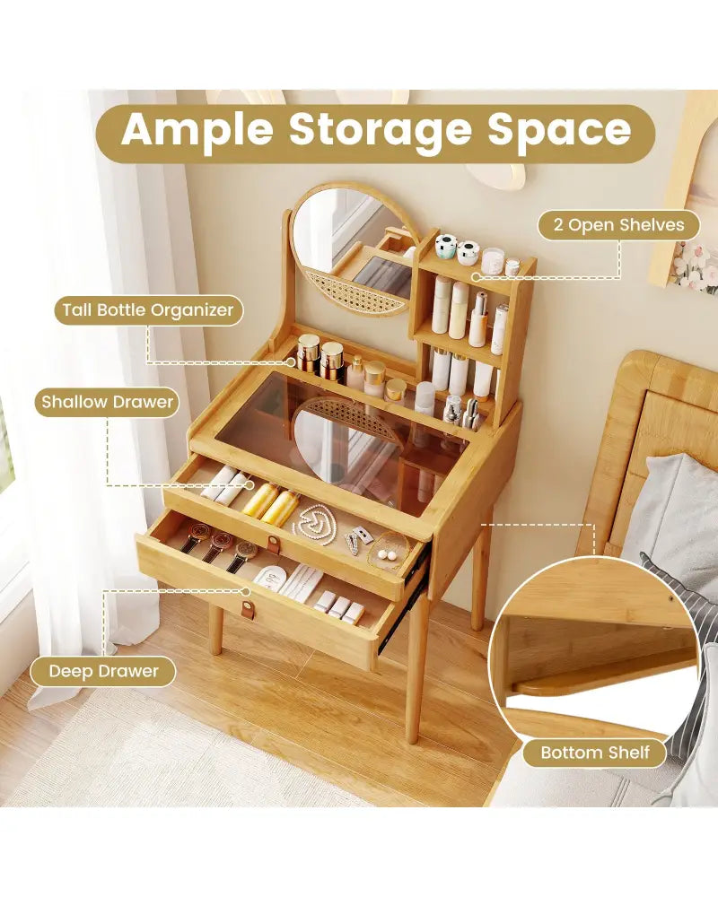 Small Vanity Desk and Stool Set with Mirror and 2 Drawers - Natural - Makeup Vanities