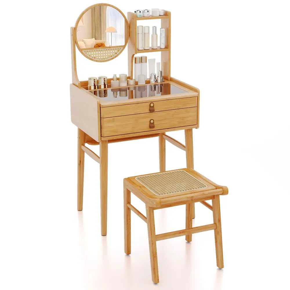 Small Vanity Desk and Stool Set with Mirror and 2 Drawers - Natural - Makeup Vanities