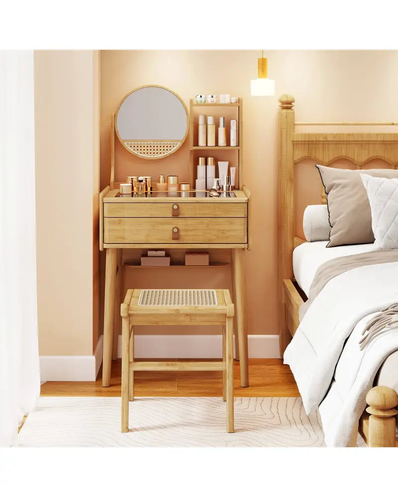 Small Vanity Desk and Stool Set with Mirror and 2 Drawers - Natural - Makeup Vanities