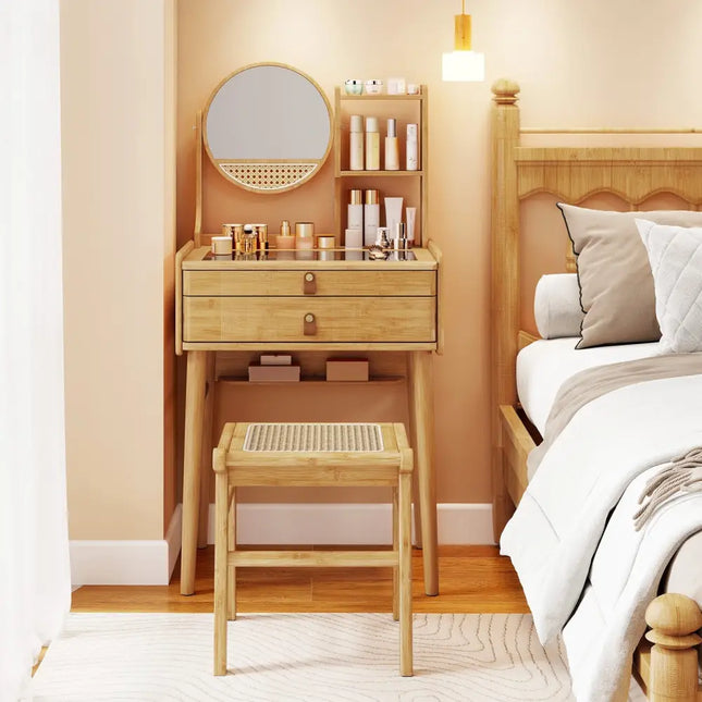 Small Vanity Desk and Stool Set with Mirror and 2 Drawers - Natural - Makeup Vanities