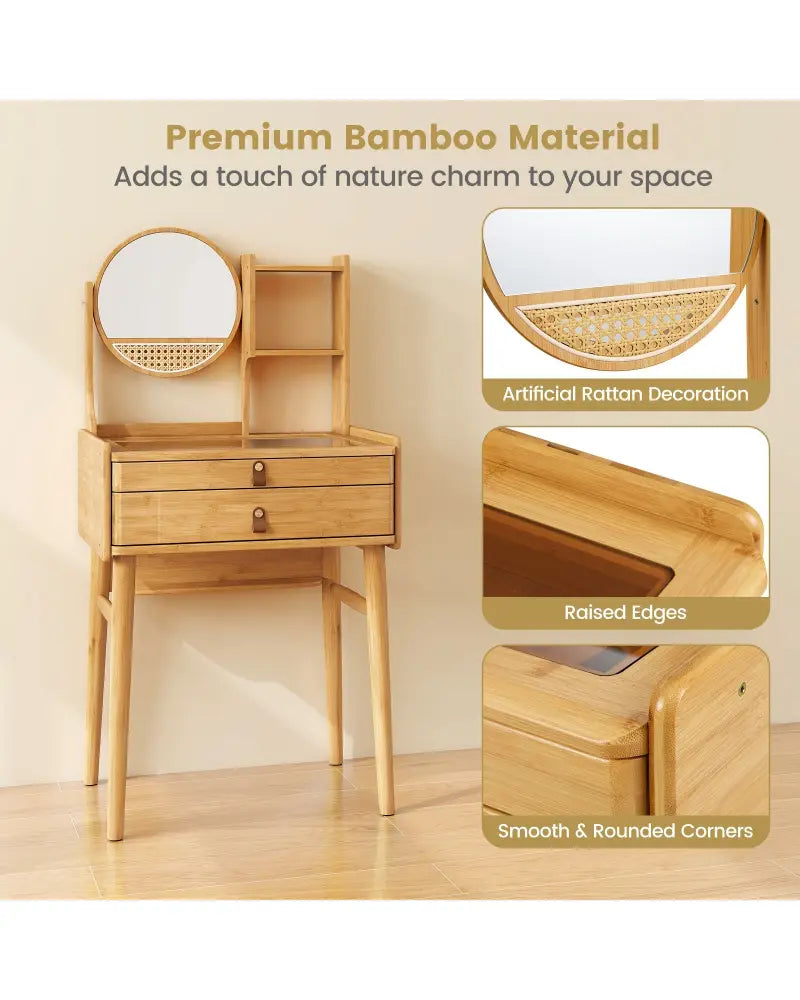 Small Vanity Desk and Stool Set with Mirror and 2 Drawers - Natural - Makeup Vanities