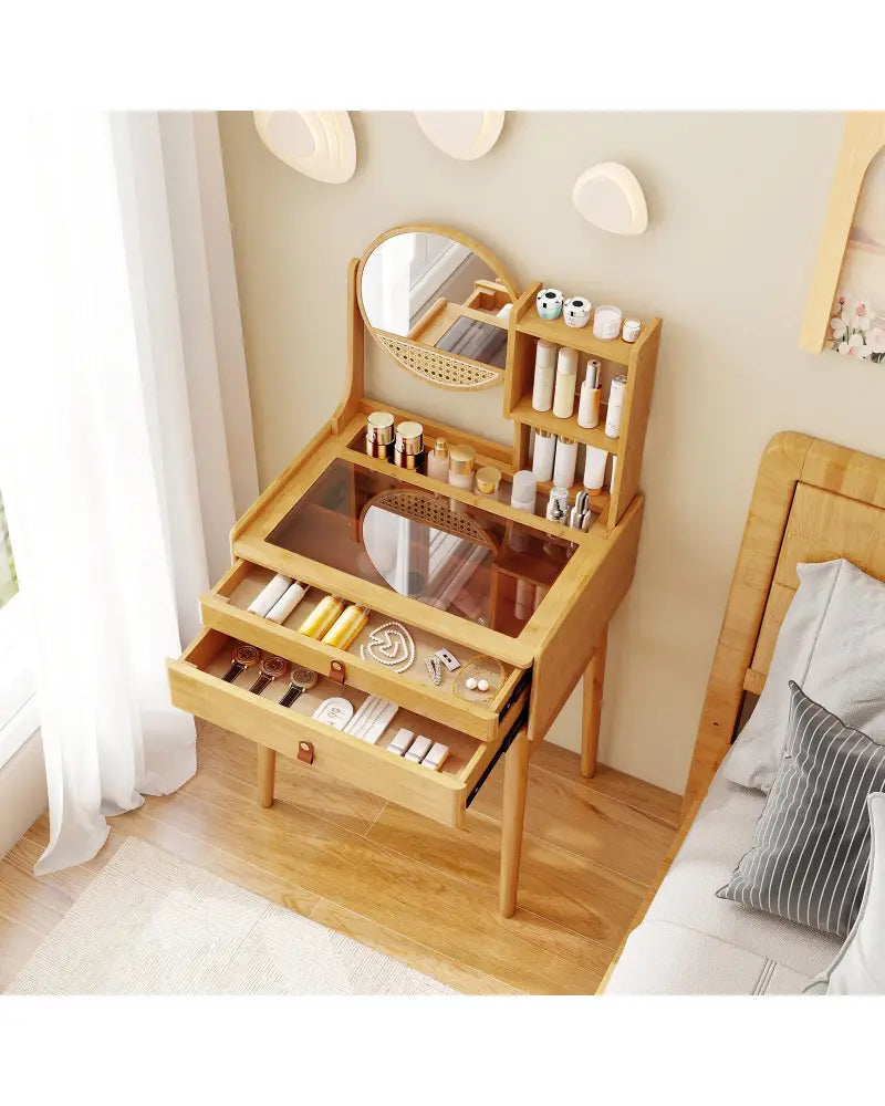 Small Vanity Desk and Stool Set with Mirror and 2 Drawers - Natural - Makeup Vanities