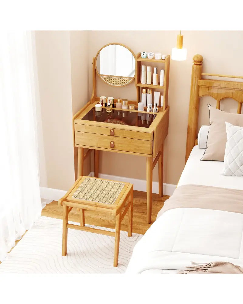 Small Vanity Desk and Stool Set with Mirror and 2 Drawers - Natural - Makeup Vanities