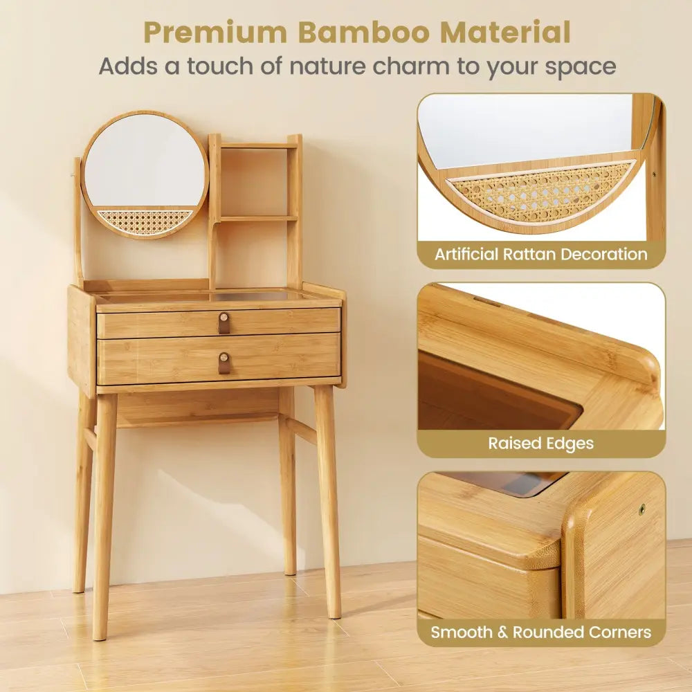 Small Vanity Desk and Stool Set with Mirror and 2 Drawers - Natural - Makeup Vanities