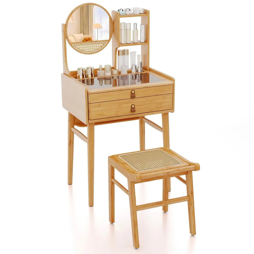 Small Vanity Desk and Stool Set with Mirror and 2 Drawers - Natural - Makeup Vanities