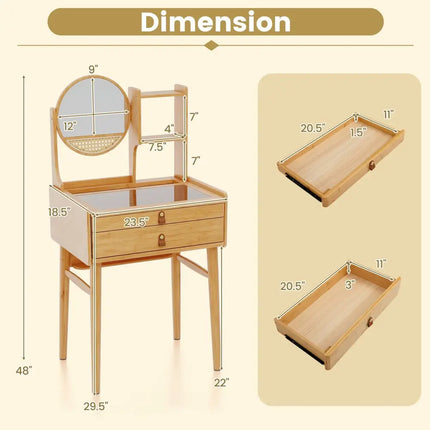 Small Vanity Desk and Stool Set with Mirror and 2 Drawers - Natural - Makeup Vanities