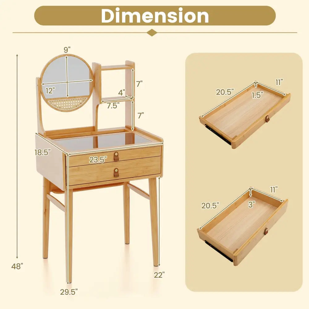 Small Vanity Desk and Stool Set with Mirror and 2 Drawers - Natural - Makeup Vanities