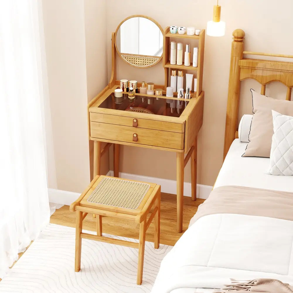 Small Vanity Desk and Stool Set with Mirror and 2 Drawers - Natural - Makeup Vanities