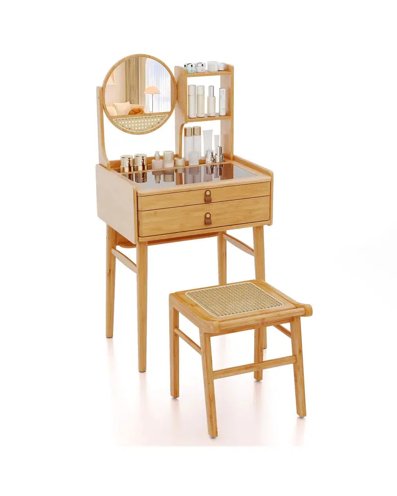 Small Vanity Desk and Stool Set with Mirror and 2 Drawers - Natural - Makeup Vanities