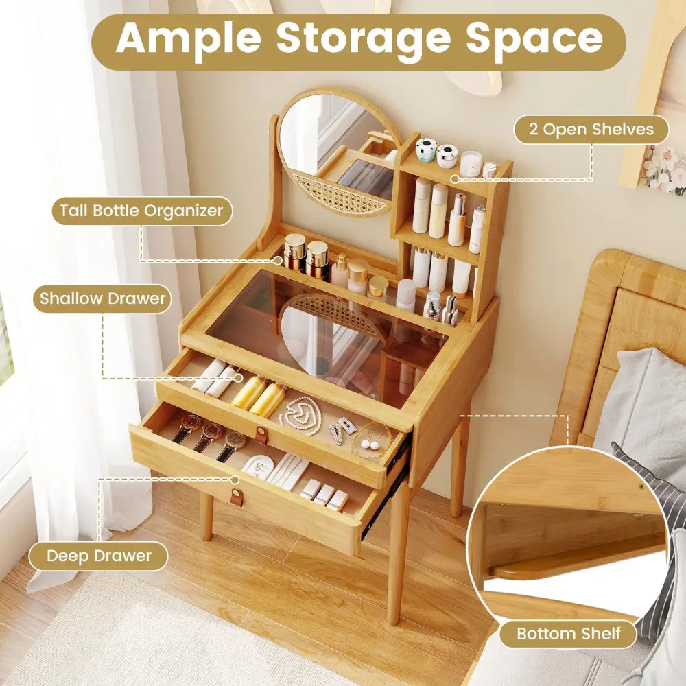 Small Vanity Desk and Stool Set with Mirror and 2 Drawers - Natural - Makeup Vanities