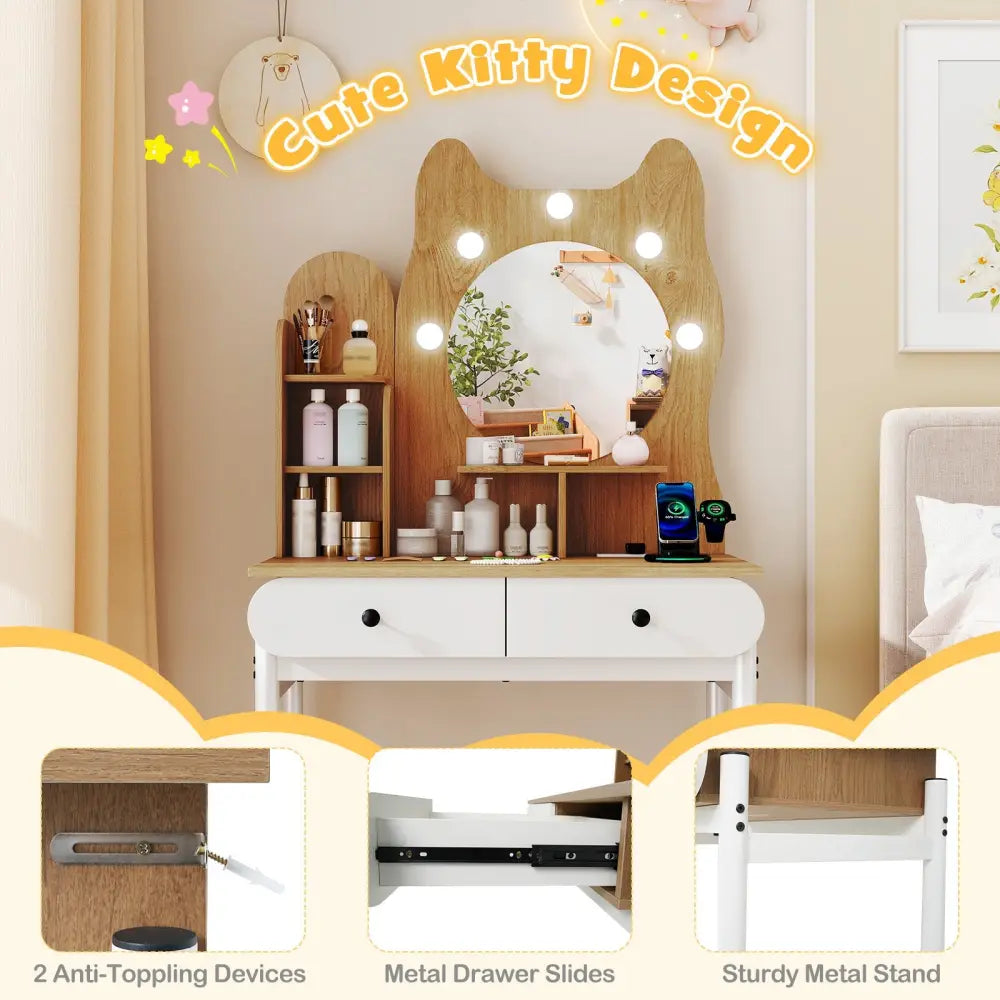 Small Vanity Desk with Mirror and Lights Cute Kitty Makeup Table with Power Outlets-Natural - Natural - Makeup Vanities