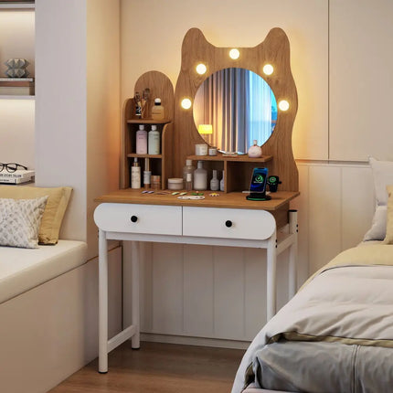 Small Vanity Desk with Mirror and Lights Cute Kitty Makeup Table with Power Outlets-Natural - Natural - Makeup Vanities