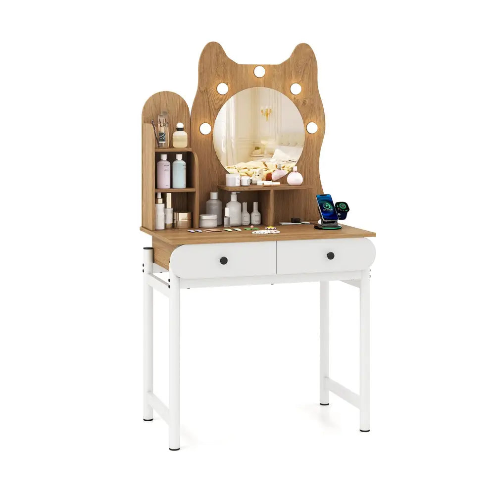 Small Vanity Desk with Mirror and Lights Cute Kitty Makeup Table with Power Outlets-Natural - Natural - Makeup Vanities