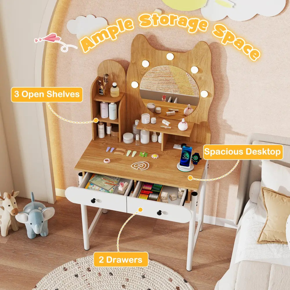 Small Vanity Desk with Mirror and Lights Cute Kitty Makeup Table with Power Outlets-Natural - Natural - Makeup Vanities
