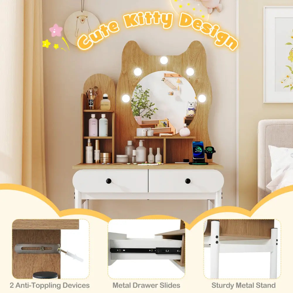Small Vanity Desk with Mirror and Lights Cute Kitty Makeup Table with Power Outlets-Natural - Natural - Makeup Vanities