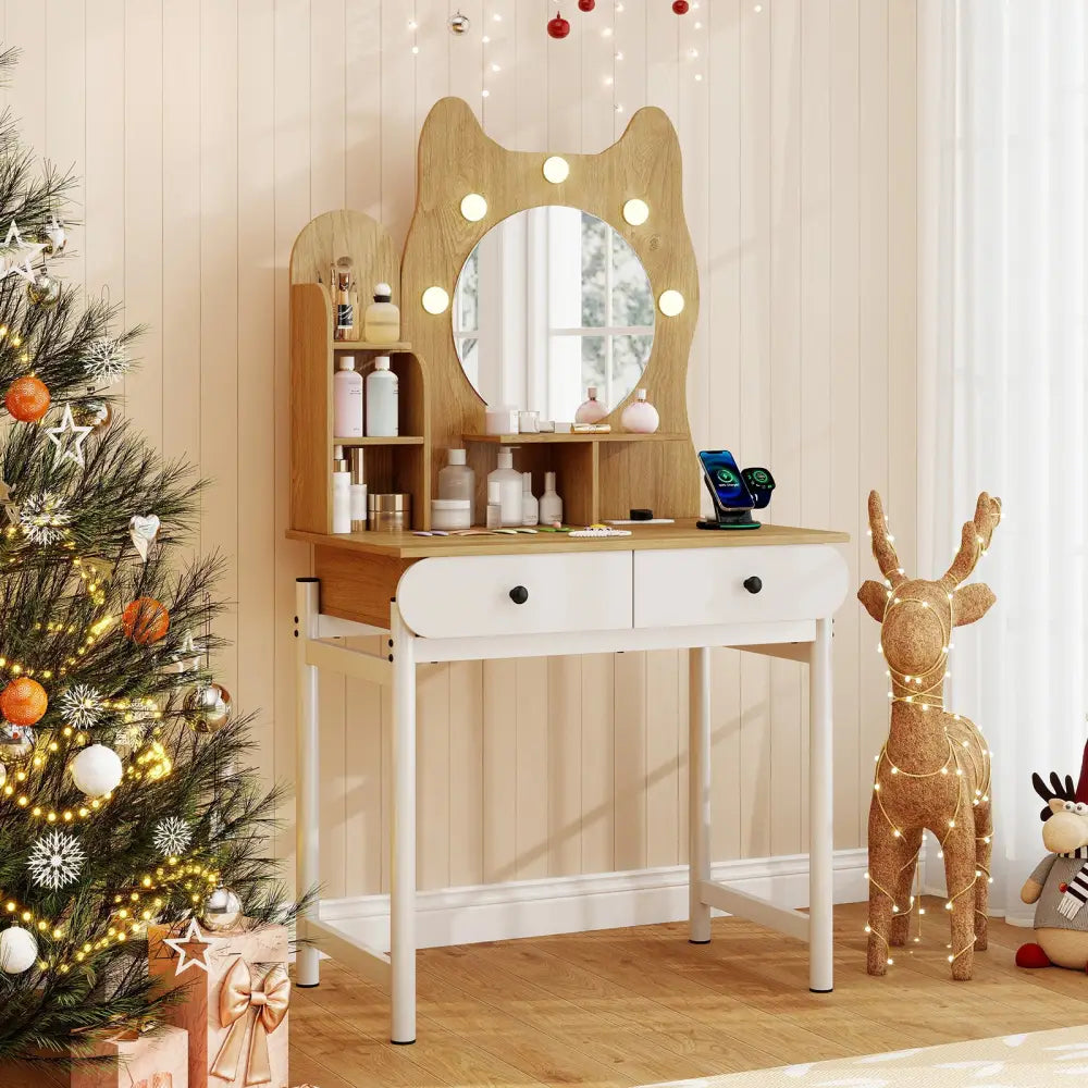 Small Vanity Desk with Mirror and Lights Cute Kitty Makeup Table with Power Outlets-Natural - Natural - Makeup Vanities