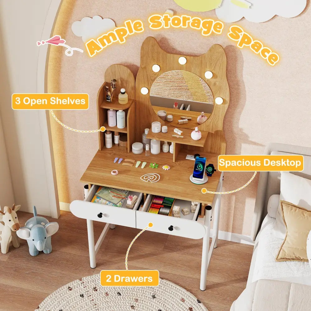 Small Vanity Desk with Mirror and Lights Cute Kitty Makeup Table with Power Outlets-Natural - Natural - Makeup Vanities