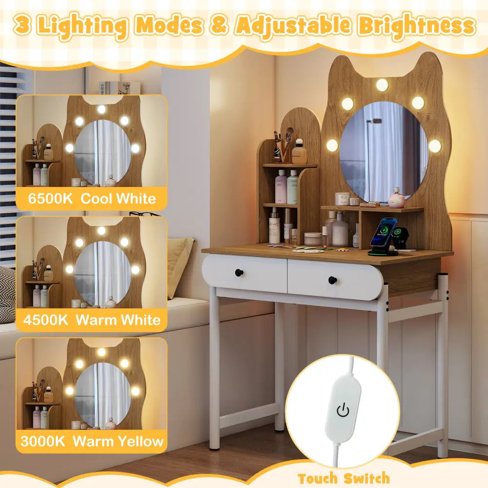 Small Vanity Desk with Mirror and Lights Cute Kitty Makeup Table with Power Outlets-Natural - Natural - Makeup Vanities