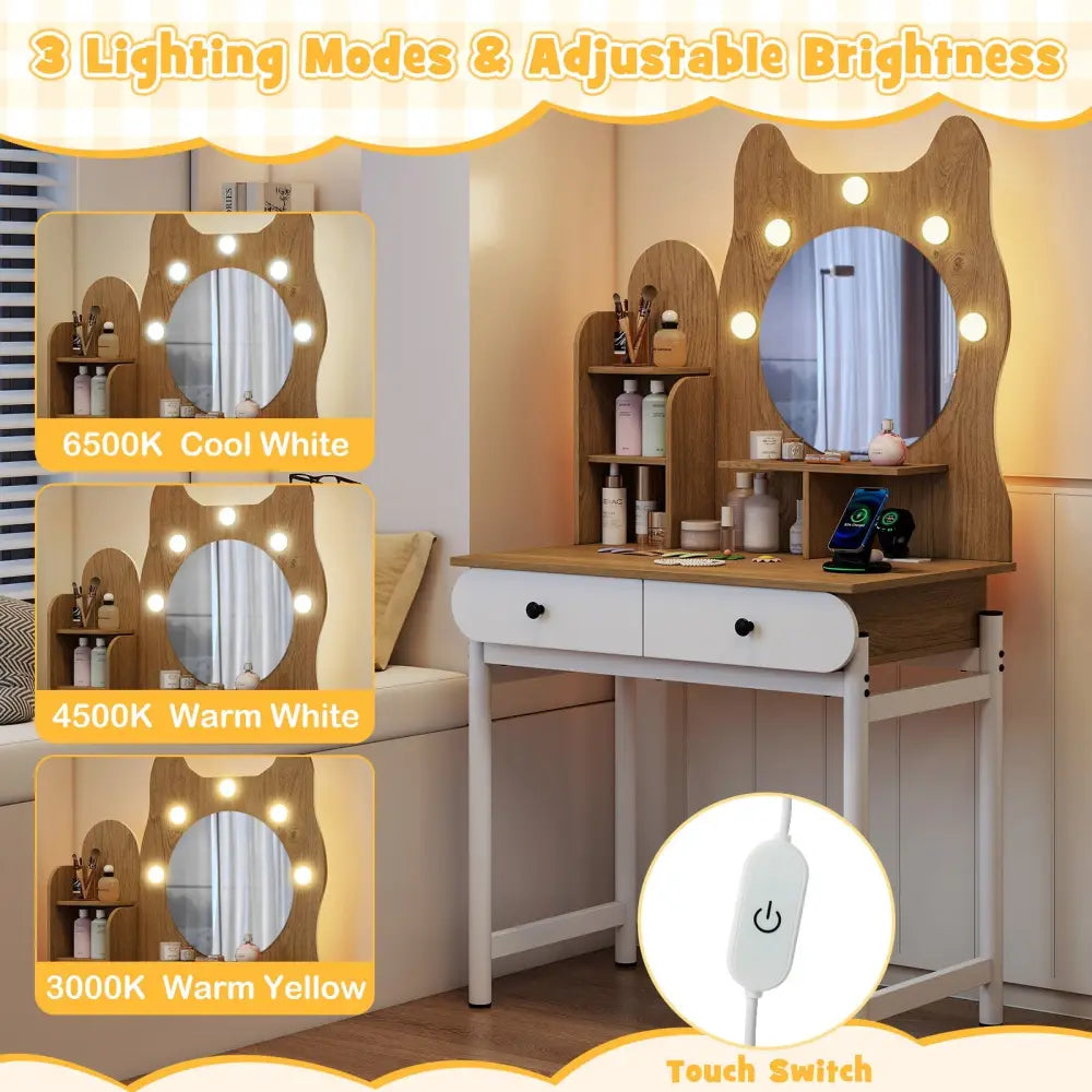 Small Vanity Desk with Mirror and Lights Cute Kitty Makeup Table with Power Outlets-Natural - Natural - Makeup Vanities