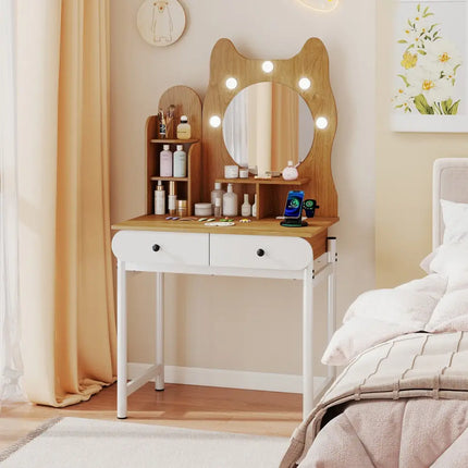 Small Vanity Desk with Mirror and Lights Cute Kitty Makeup Table with Power Outlets-Natural - Natural - Makeup Vanities