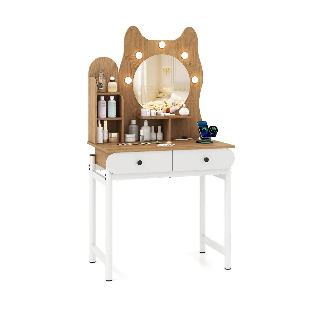 Small Vanity Desk with Mirror and Lights Cute Kitty Makeup Table with Power Outlets-Natural - Natural - Makeup Vanities