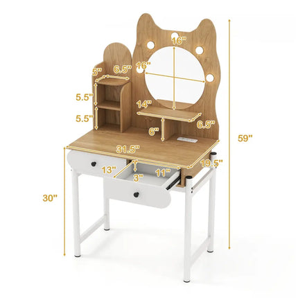 Small Vanity Desk with Mirror and Lights Cute Kitty Makeup Table with Power Outlets-Natural - Natural - Makeup Vanities