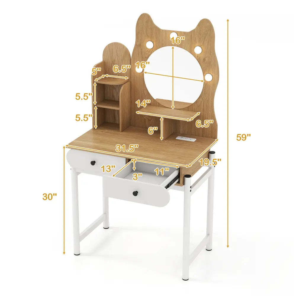 Small Vanity Desk with Mirror and Lights Cute Kitty Makeup Table with Power Outlets-Natural - Natural - Makeup Vanities