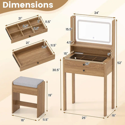 Small Vanity Desk with Mirror and Lights for Bedroom-Natural - Natural - Makeup Vanities