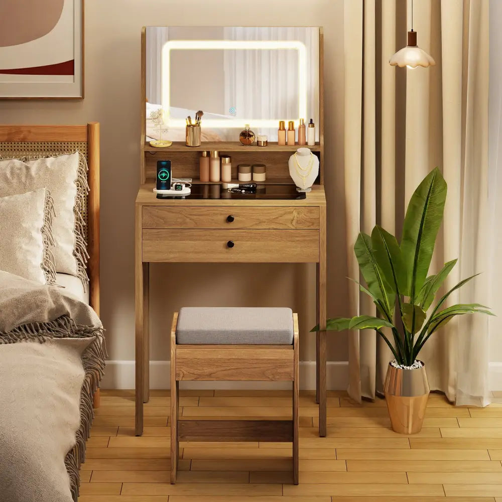 Small Vanity Desk with Mirror and Lights for Bedroom-Natural - Natural - Makeup Vanities