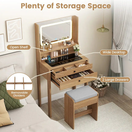 Small Vanity Desk with Mirror and Lights for Bedroom-Natural - Natural - Makeup Vanities