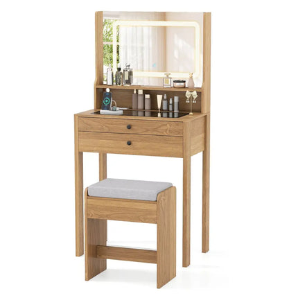 Small Vanity Desk with Mirror and Lights for Bedroom-Natural - Natural - Makeup Vanities
