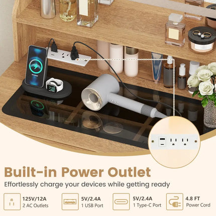 Small Vanity Desk with Mirror and Lights for Bedroom-Natural - Natural - Makeup Vanities