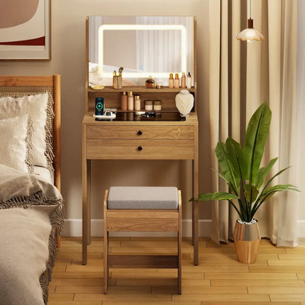 Small Vanity Desk with Mirror and Lights for Bedroom-Natural - Natural - Makeup Vanities