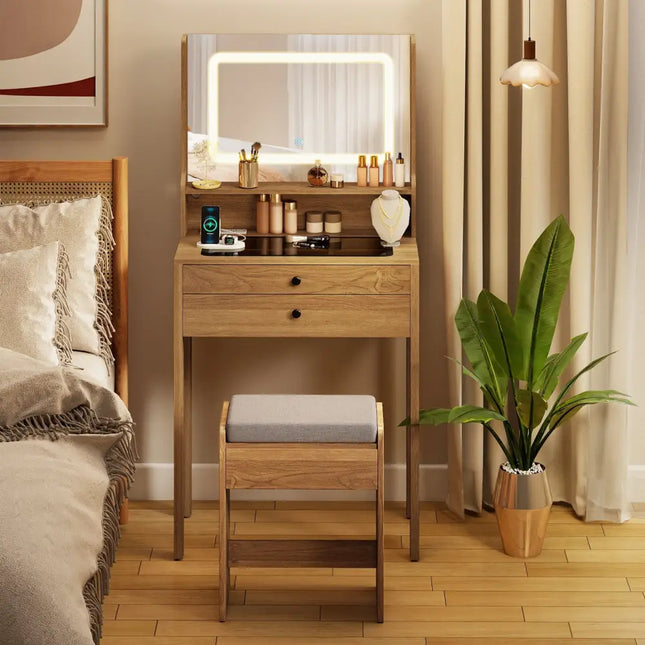 Small Vanity Desk with Mirror and Lights for Bedroom-Natural - Natural - Makeup Vanities