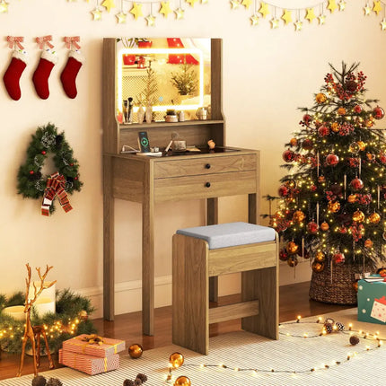 Small Vanity Desk with Mirror and Lights for Bedroom-Natural - Natural - Makeup Vanities