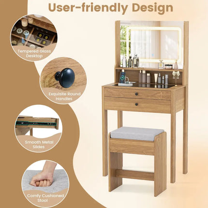 Small Vanity Desk with Mirror and Lights for Bedroom-Natural - Natural - Makeup Vanities