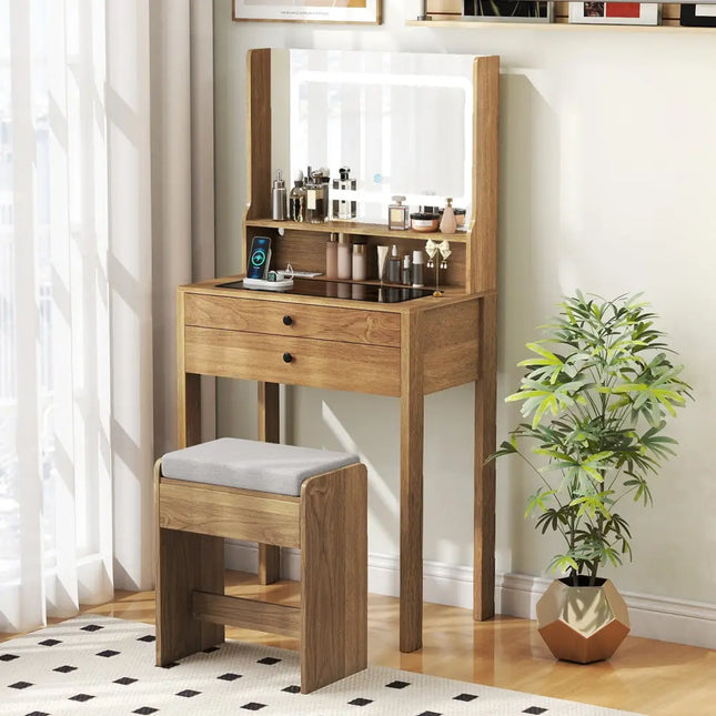 Small Vanity Desk with Mirror and Lights for Bedroom-Natural - Natural - Makeup Vanities