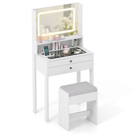 Small Vanity Desk with Mirror and Lights for Bedroom-White - White - Makeup Vanities