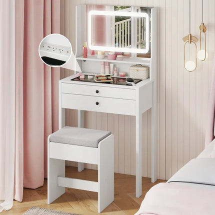 Small Vanity Desk with Mirror and Lights for Bedroom-White - White - Makeup Vanities