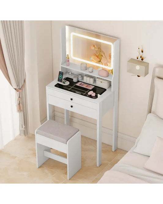 Small Vanity Desk with Mirror and Lights for Bedroom-White - White - Makeup Vanities