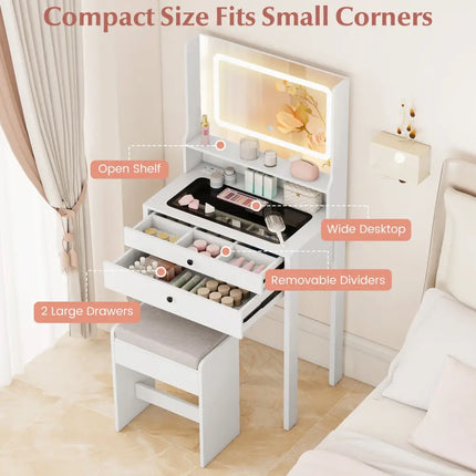 Small Vanity Desk with Mirror and Lights for Bedroom-White - White - Makeup Vanities