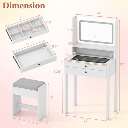 Small Vanity Desk with Mirror and Lights for Bedroom-White - White - Makeup Vanities