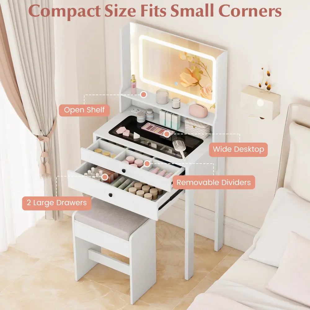Small Vanity Desk with Mirror and Lights for Bedroom-White - White - Makeup Vanities