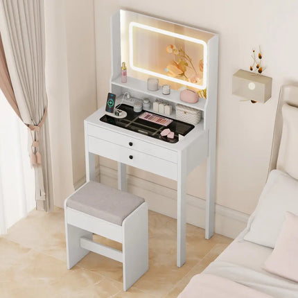 Small Vanity Desk with Mirror and Lights for Bedroom-White - White - Makeup Vanities