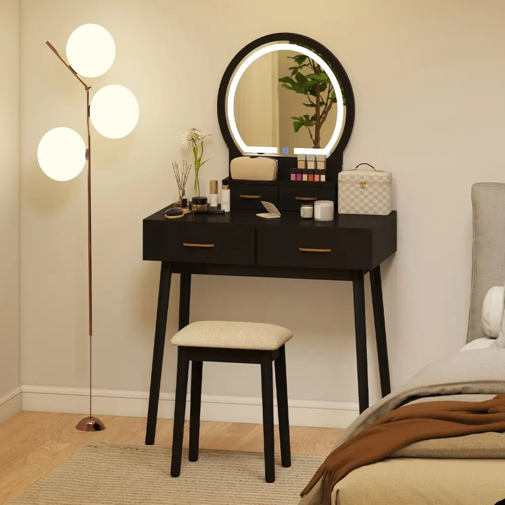Small Vanity Makeup Dressing Table Set with Cushioned Stool and LED Lighted Mirror-Black - Black - Makeup Vanities