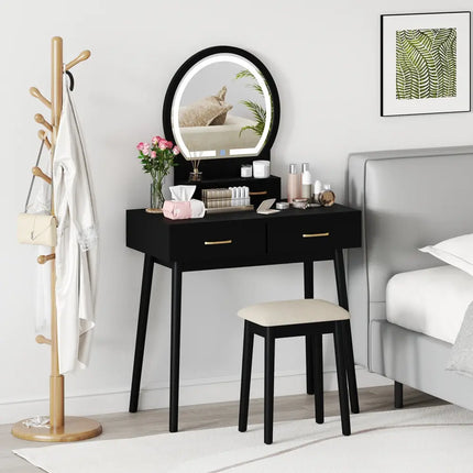 Small Vanity Makeup Dressing Table Set with Cushioned Stool and LED Lighted Mirror-Black - Black - Makeup Vanities